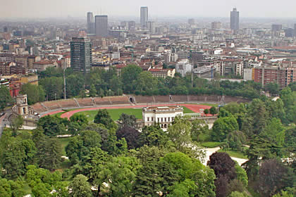 Die Arena Civica im Parco Sempione vom Torre Branca gesehen.